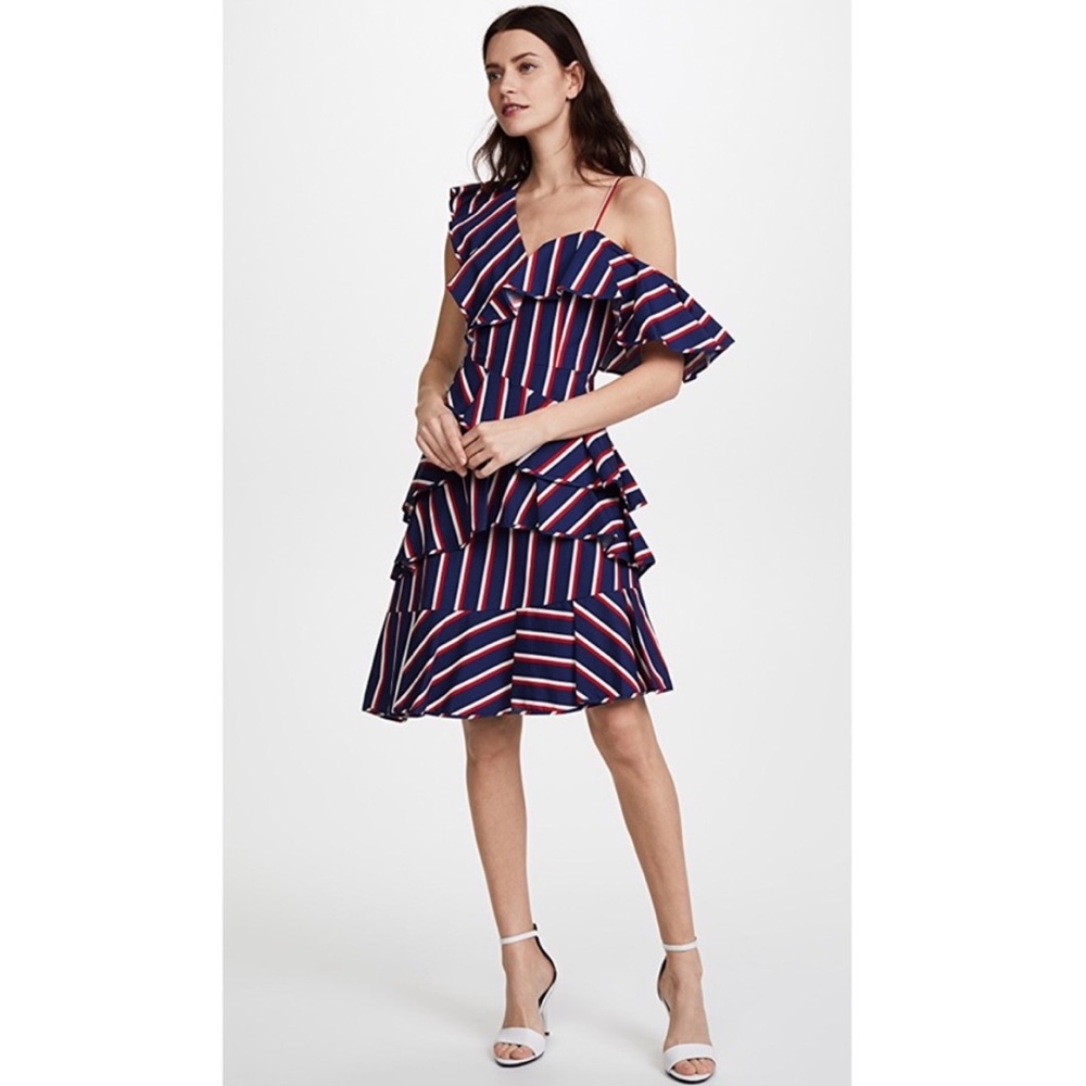 NWOT Alice + Olivia Laflora Asymmetrical Striped Ruffle Dress